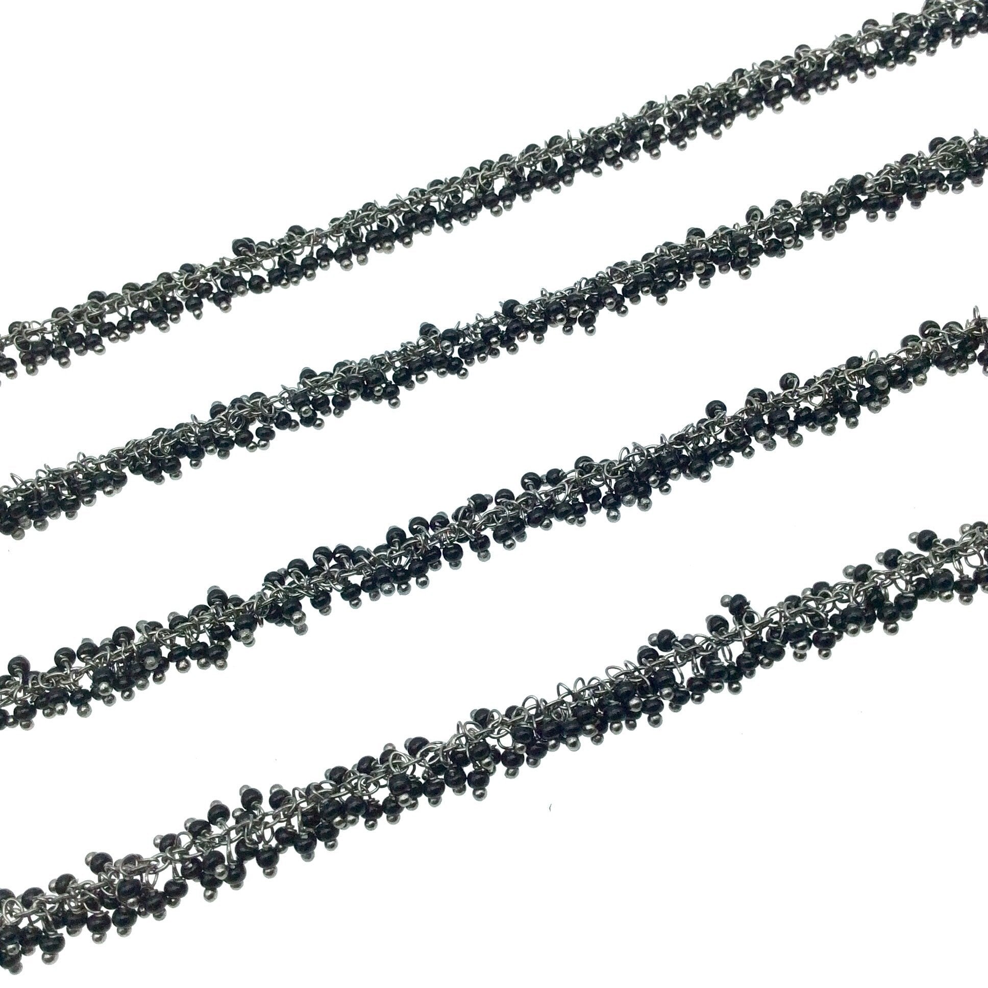 Gunmetal Plated Copper Double Dangle Cable Rosary Chain with 2mm Black Spinel Round Beads - Sold by 1' Cut Sections or in Bulk!