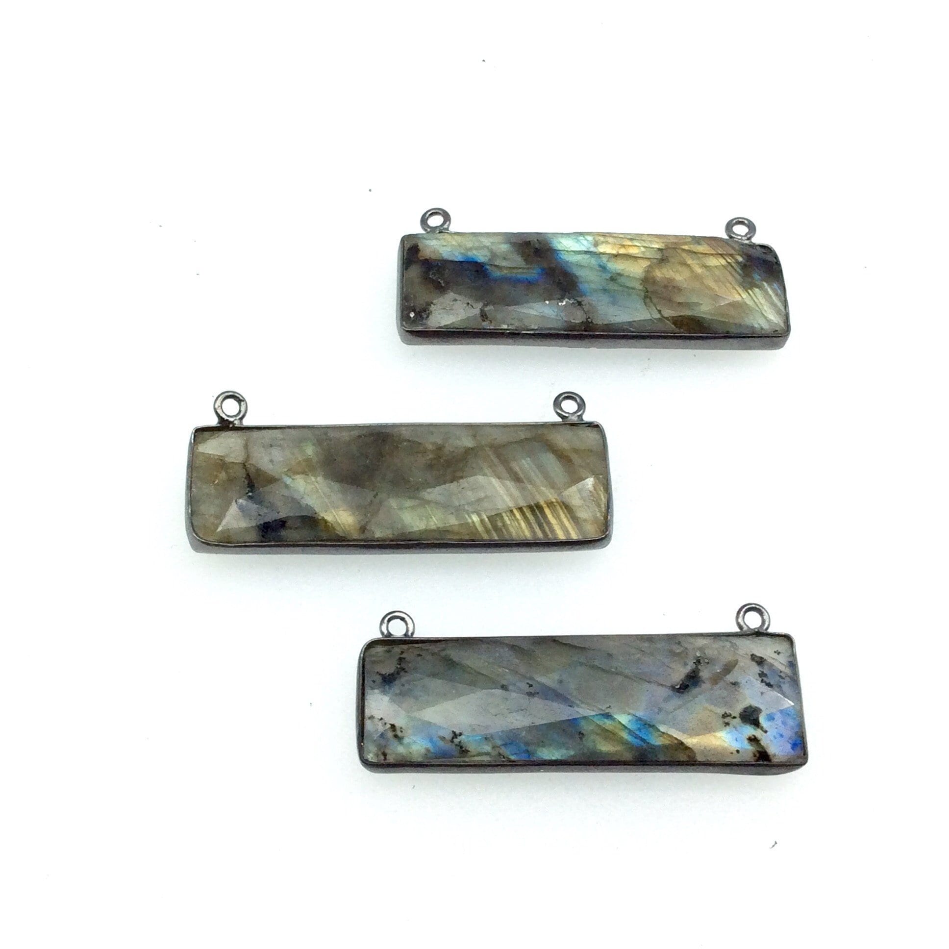 Labradorite Bezel | Rainbow Gunmetal Plated Faceted Natural Rectangle Bar Shaped Bezel Connector ~ 12mm x 40mm - Sold Individually