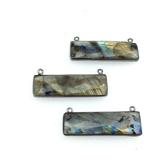 Labradorite Bezel | Rainbow Gunmetal Plated Faceted Natural Rectangle Bar Shaped Bezel Connector ~ 12mm x 40mm - Sold Individually