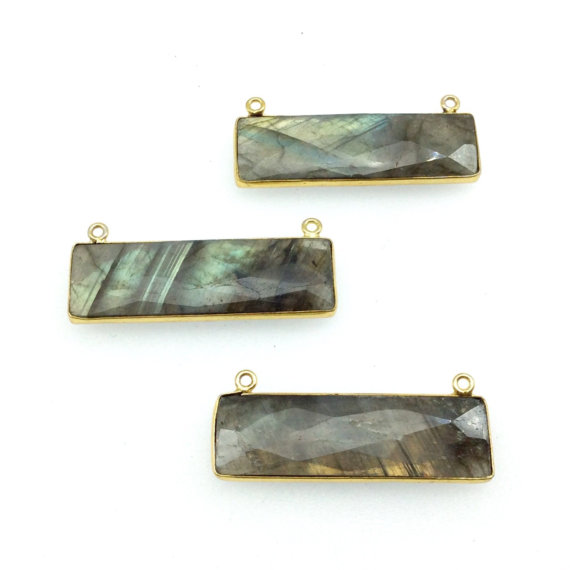 Labradorite Bezel | Gold Plated Faceted Natural Rectangle Bar Shaped Rainbow Bezel Connector ~ 12mm x 40mm - Sold Individually