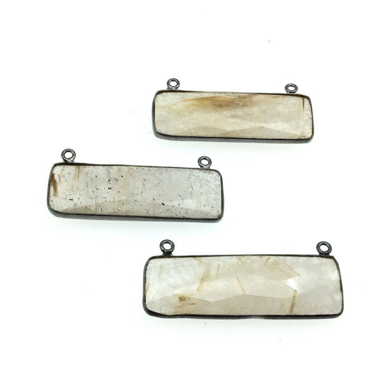 Rutilated Quartz Bezel | Gunmetal Plated Faceted Gold Rectangle Bar Shaped Bezel Connector ~ 12mm x 40mm - Sold Individually