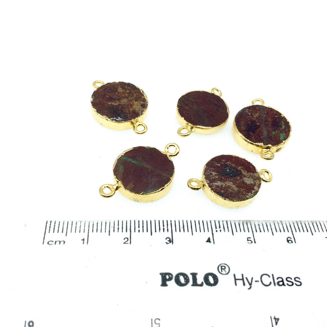 Medium Sized Gold Plated Natural Flat Red Jasper Round Shape Connector - 16-18mm Approx. - Sold Per Each, Selected at Random