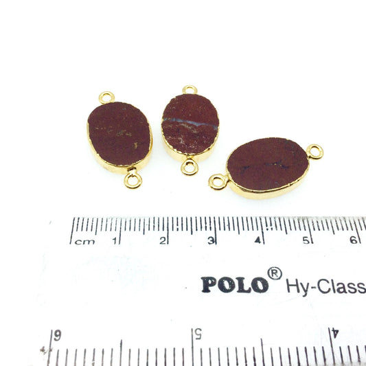 Medium Sized Gold Plated Natural Flat Red Jasper Oval Shape Connector - 18-20mm Long Approx. - Sold Per Each, Selected at Random