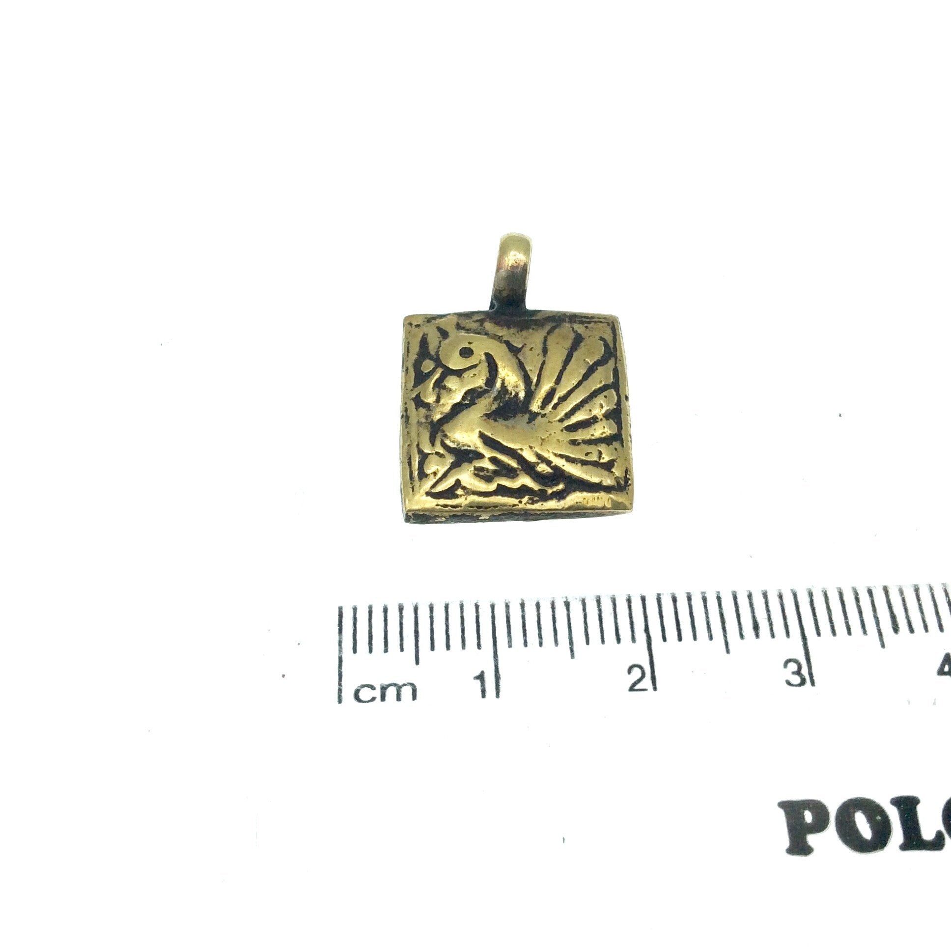 15mm x 15mm Oxidized Gold Plated Rustic Cast Flapping Duck Icon Copper Square Shaped Pendant w/ Attached Ring  - Sold Individually (K-14)
