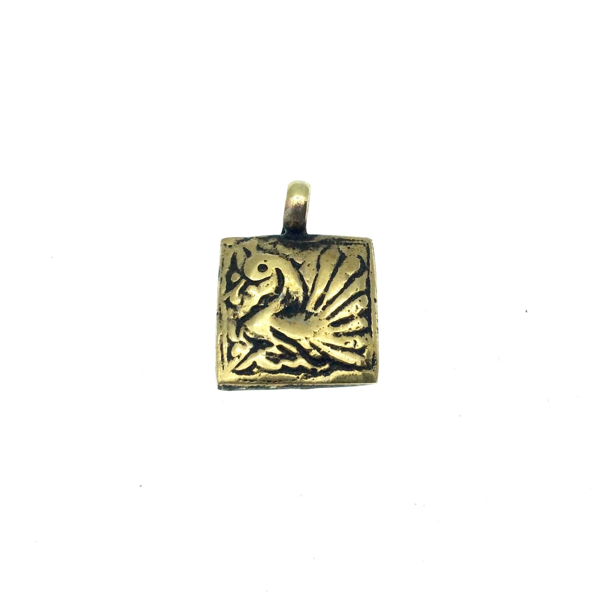 15mm x 15mm Oxidized Gold Plated Rustic Cast Flapping Duck Icon Copper Square Shaped Pendant w/ Attached Ring  - Sold Individually (K-14)