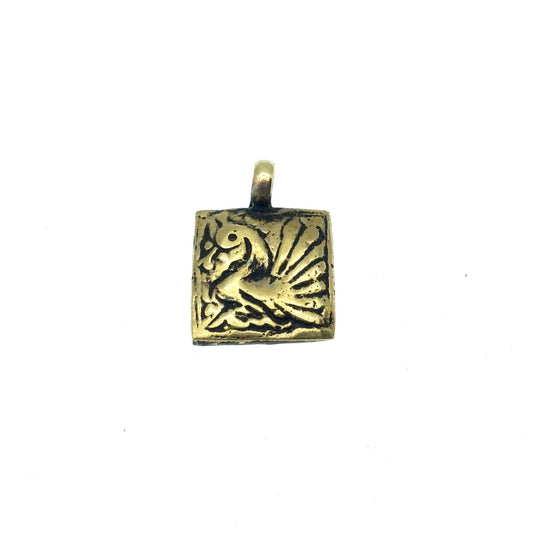 15mm x 15mm Oxidized Gold Plated Rustic Cast Flapping Duck Icon Copper Square Shaped Pendant w/ Attached Ring  - Sold Individually (K-14)