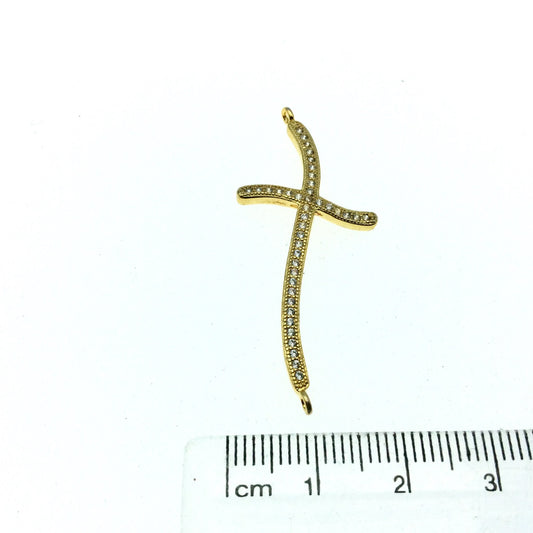 Gold Finish Wavy Cross Shaped CZ Cubic Zirconia Inlaid Plated Copper Connector Component - Measuring 19mm x 39mm  - Sold Individually
