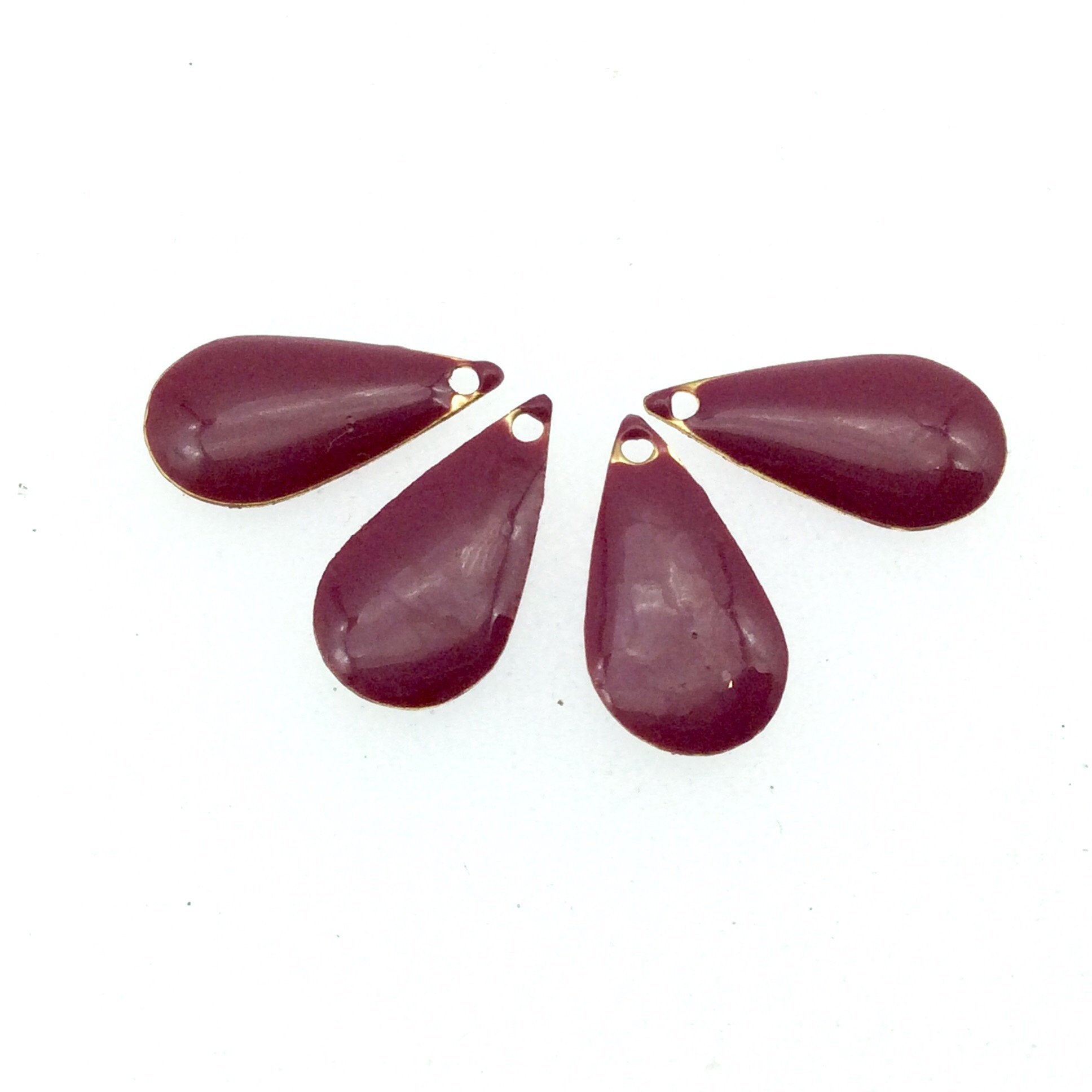 9mm x 15mm Two-Sided Deep Rose Enamel Brass Handmade Teardrop Pendant/Charm With Top Drilled Hole - Sold In Packs of Four Pieces