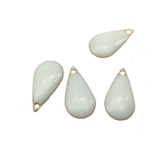 9mm x 15mm Two-Sided White/Ivory Beadlanta Enameled Brass Handmade Teardrop Pendant/Charm With Top Hole - Sold In Packs of Four Pieces