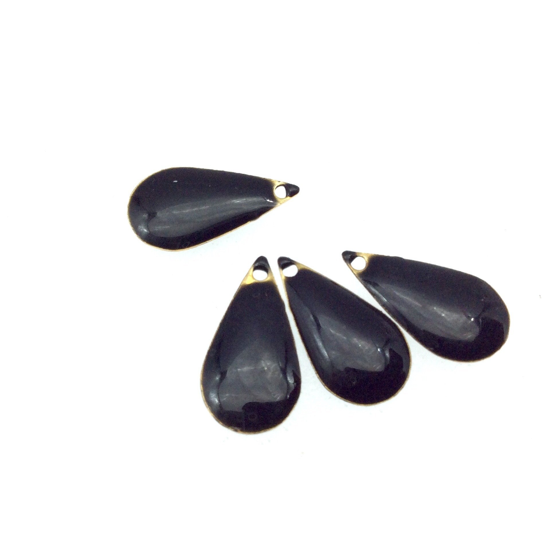 9mm x 15mm Two-Sided Jet Black Enamel Brass Handmade Teardrop Pendant/Charm With Top Drilled Hole - Sold In Packs of Four Pieces