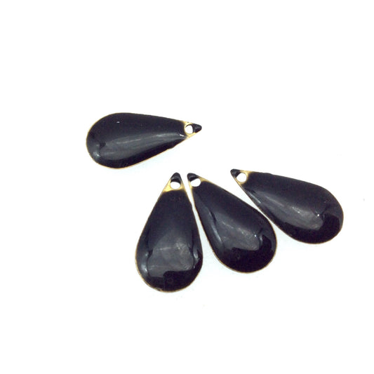 9mm x 15mm Two-Sided Jet Black Enamel Brass Handmade Teardrop Pendant/Charm With Top Drilled Hole - Sold In Packs of Four Pieces