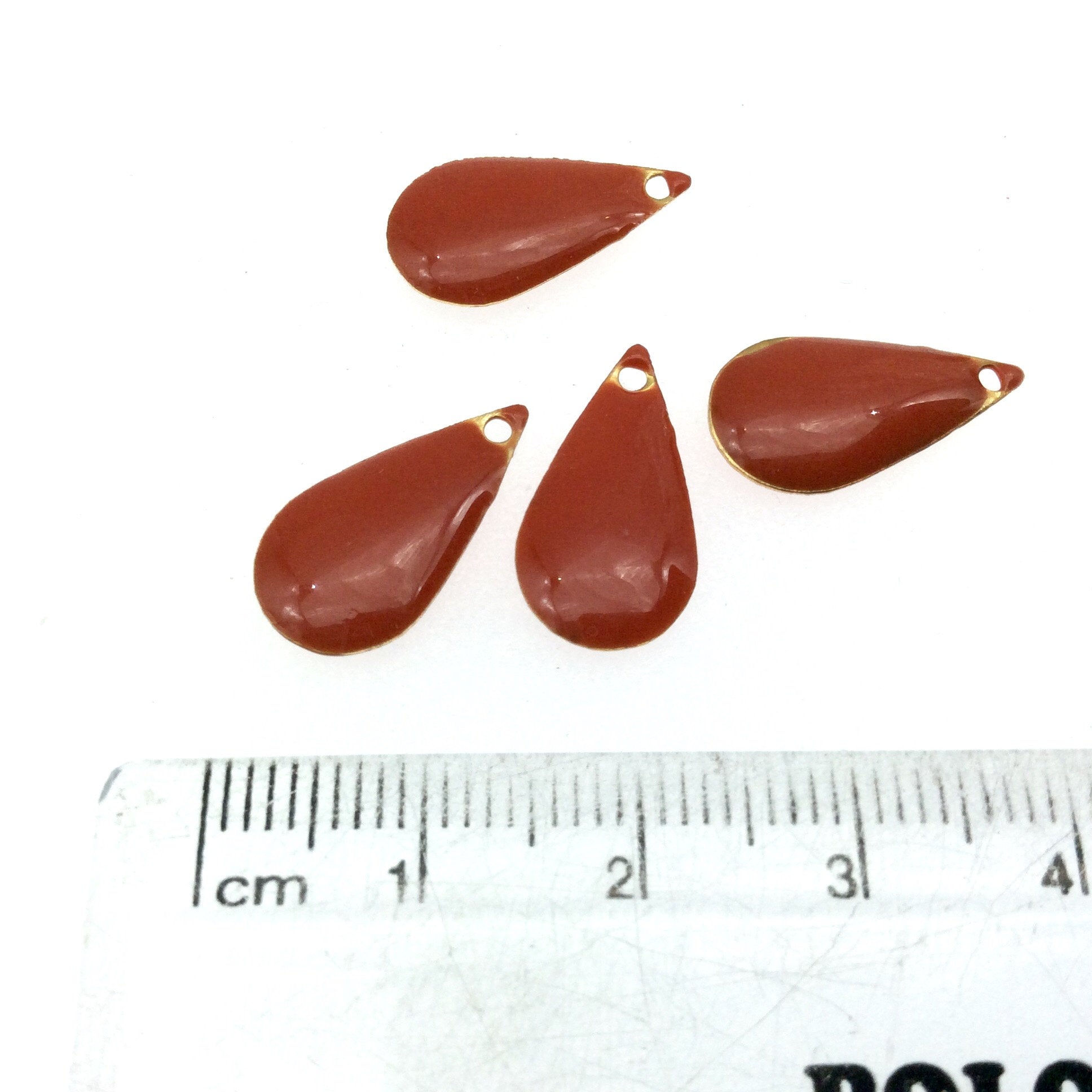 9mm x 15mm Two-Sided Orange Red Enamel Brass Handmade Teardrop Pendant/Charm With Top Drilled Hole - Sold In Packs of Four Pieces