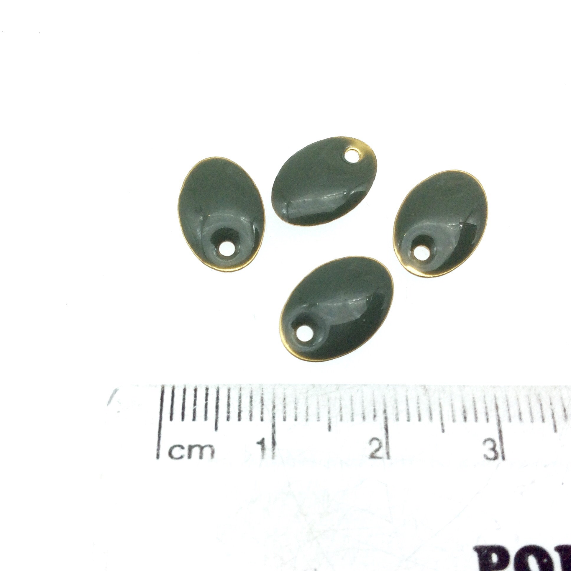 8mm x 12mm Two-Sided Deep Sage Enamel Brass Handmade Oval Pendant/Charm With Top Drilled Hole - Sold In Packs of Four Pieces