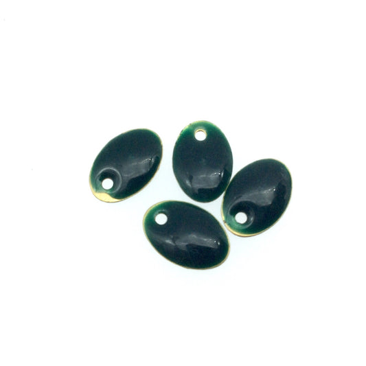 8mm x 12mm Two-Sided Forest Green Enamel Brass Handmade Oval Pendant/Charm With Top Drilled Hole - Sold In Packs of Four Pieces