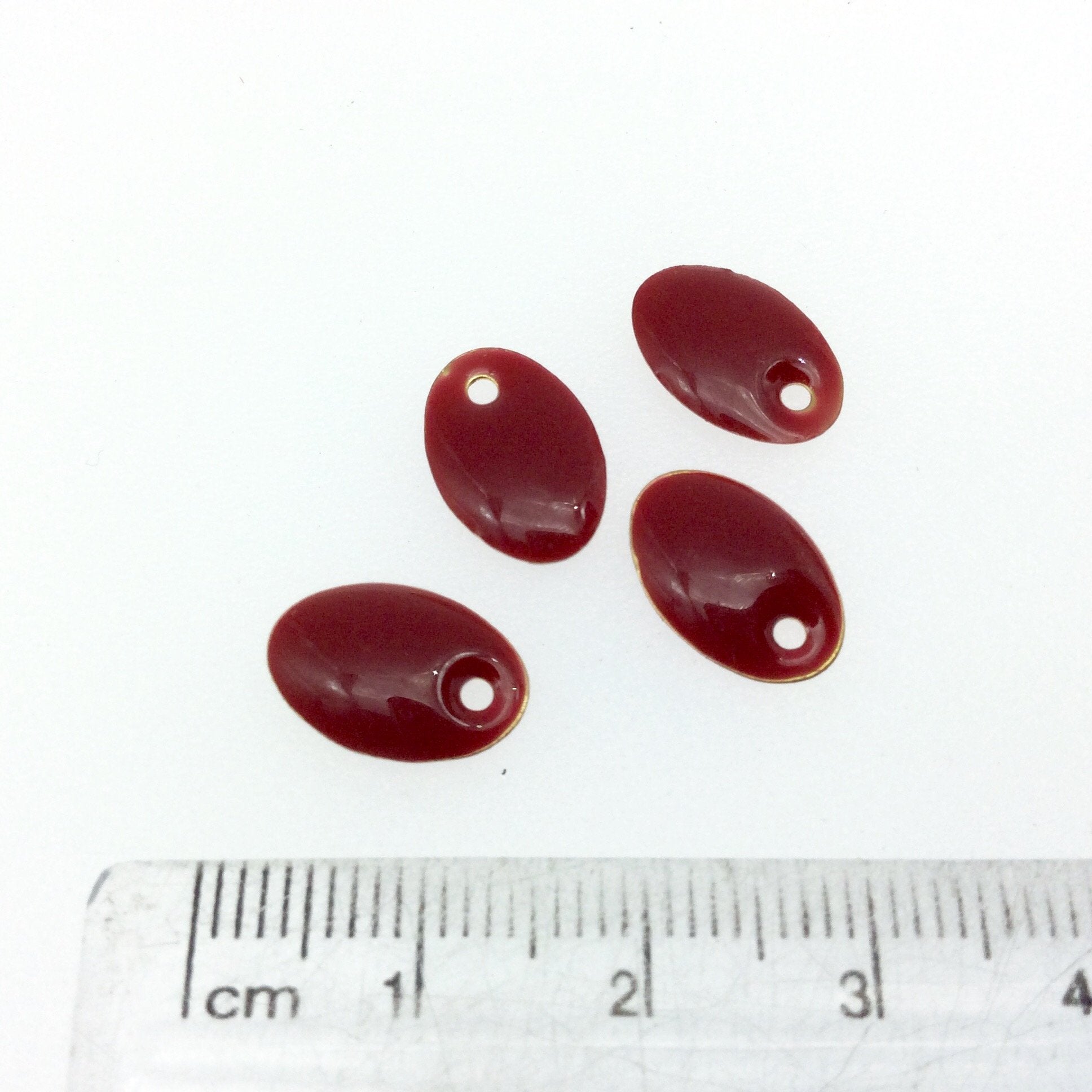 8mm x 12mm Two-Sided Warm Red Enamel Brass Handmade Oval Pendant/Charm With Top Drilled Hole - Sold In Packs of Four Pieces