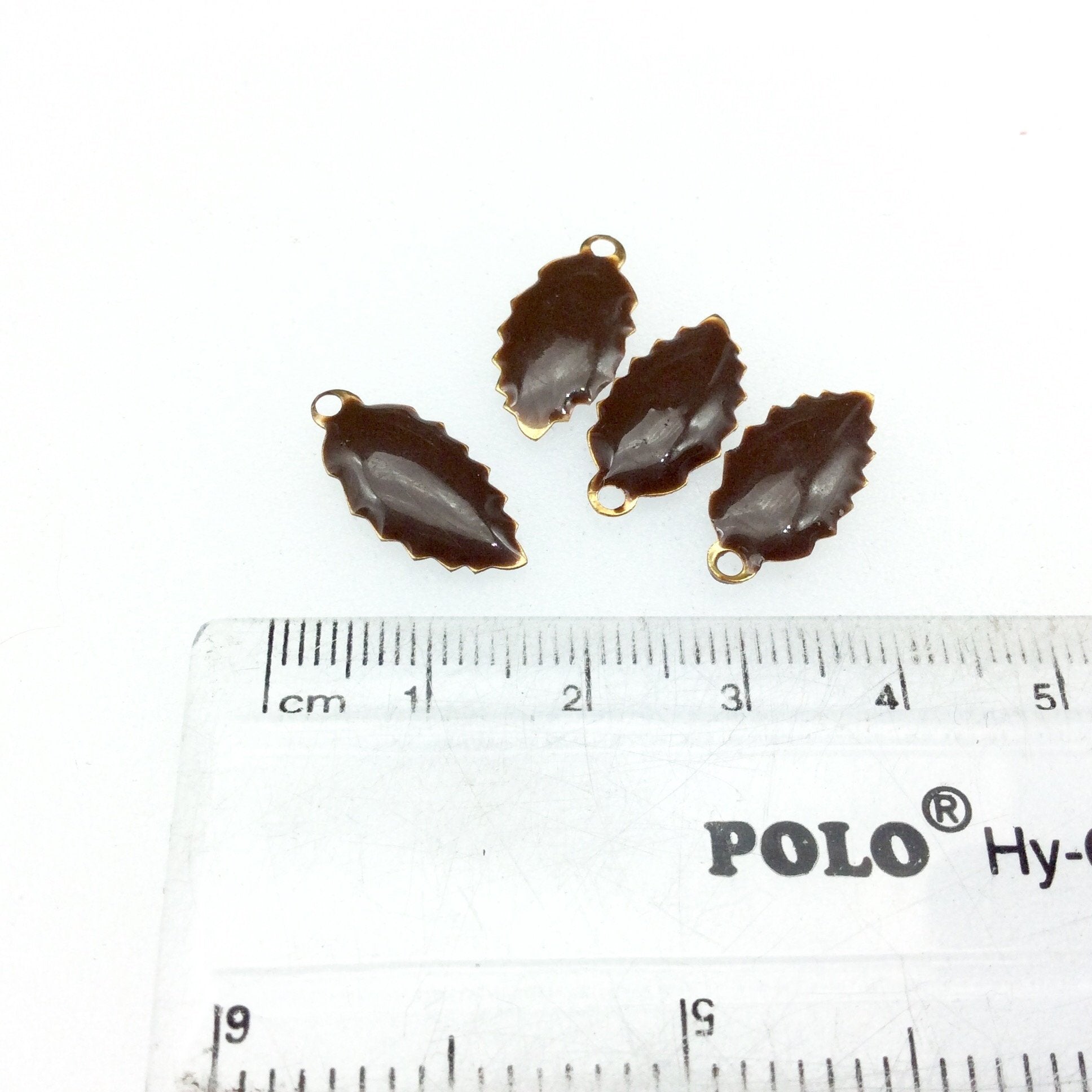 8mm x 15mm Two-Sided Chocolate Brown Beadlanta Enamel Brass Handmade Serrated Leaf Pendant/Charm W Top Hole - Sold In Packs of Four Pieces
