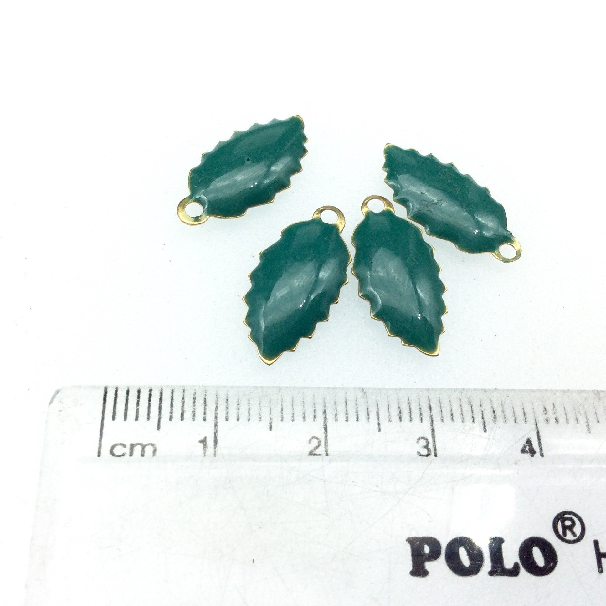 8mm x 15mm Two-Sided Deep Teal Beadlanta Enamel Brass Handmade Serrated Leaf Pendant/Charm With Top Hole - Sold In Packs of Four Pieces
