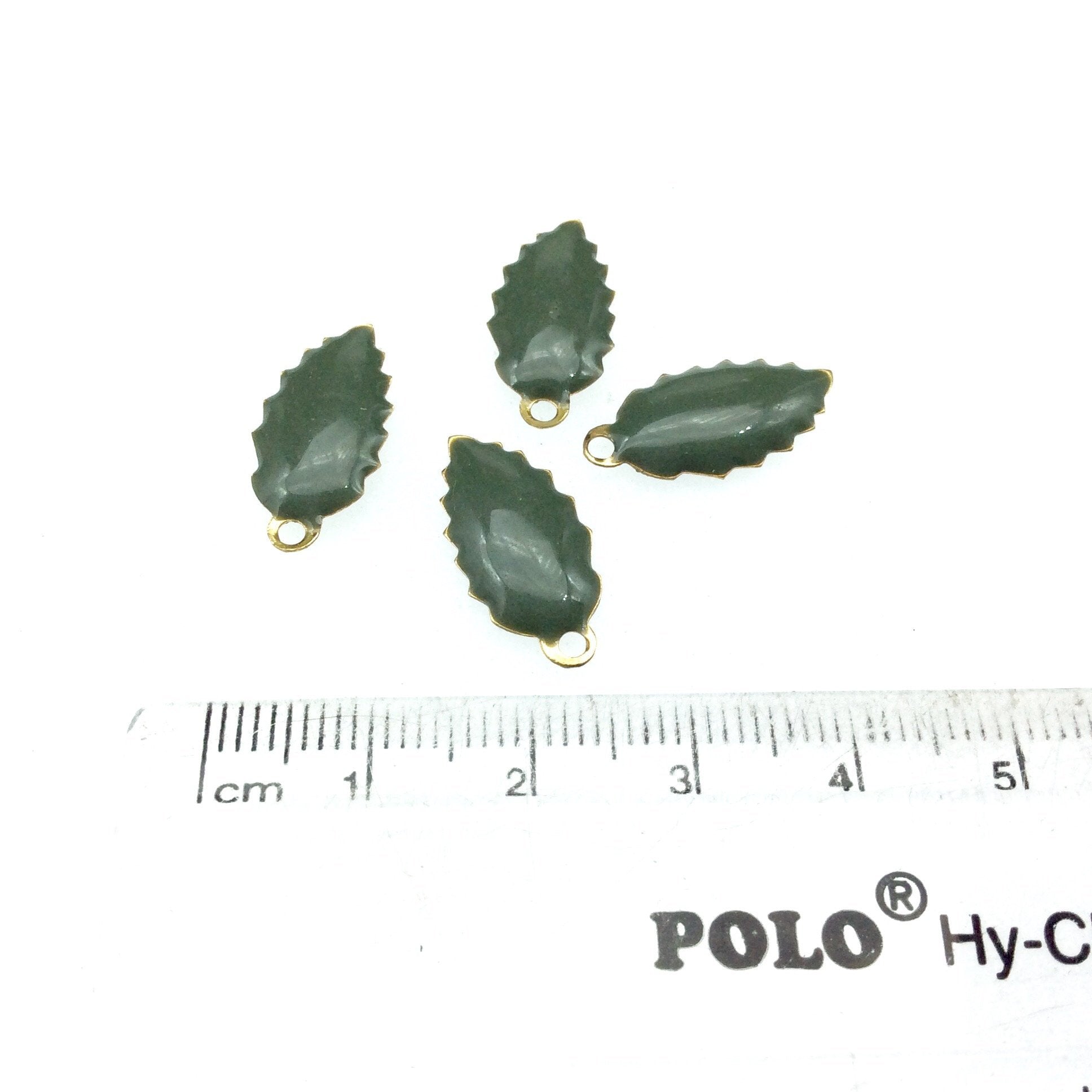 8mm x 15mm Two-Sided Deep Sage Beadlanta Enamel Brass Handmade Serrated Leaf Pendant/Charm W Top Hole - Sold In Packs of Four Pieces