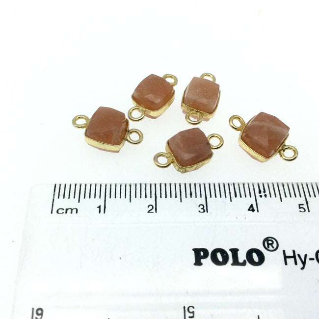 Gold Finish Faceted Natural Peach Moonstone Cube/Square Shape Plated Copper Bezel Connector - Measuring 8-10mm -  Sold Individually, Random