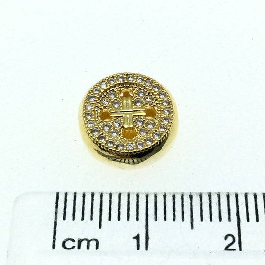 Gold Plated CZ Cubic Zirconia Round Button Shaped Copper Bead - Measures 10mm.  - Sold Individually, RANDOM