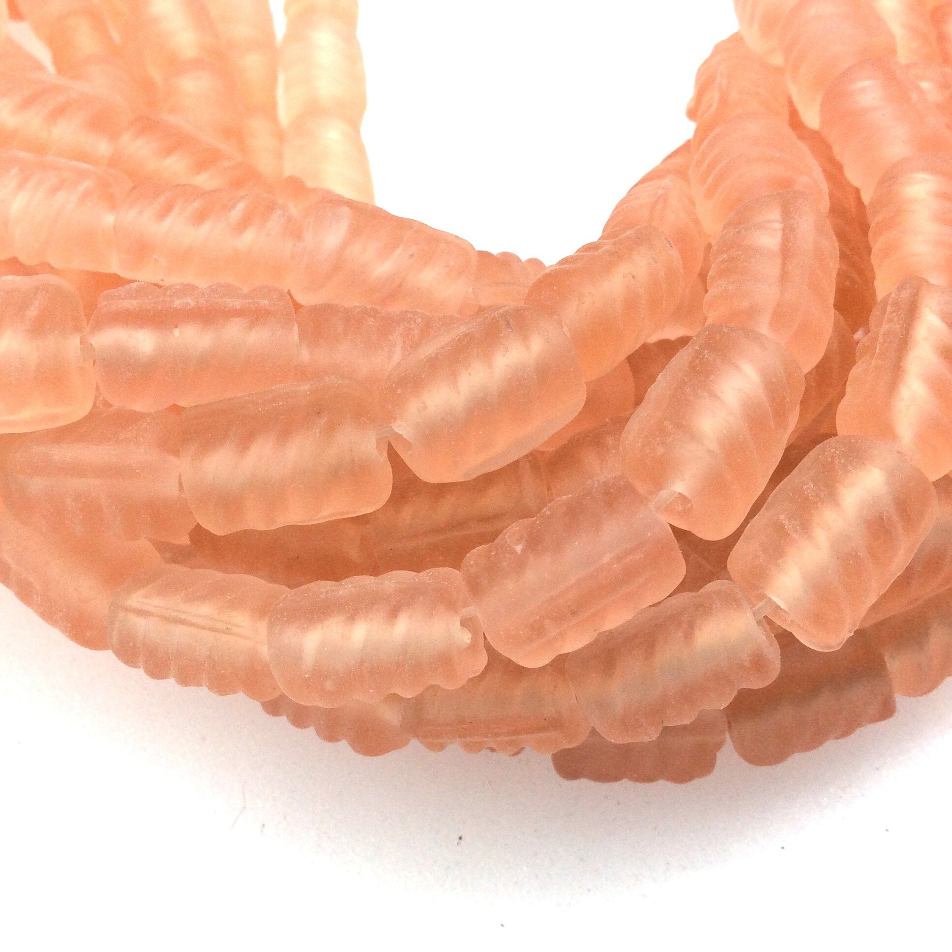 18mm x 22mm Matte Peach/Pink Spiral Textured Barrel Shaped Indian Beach/Sea Beadlanta Glass Beads - Sold by 15" Strands - Approx 32 Beads