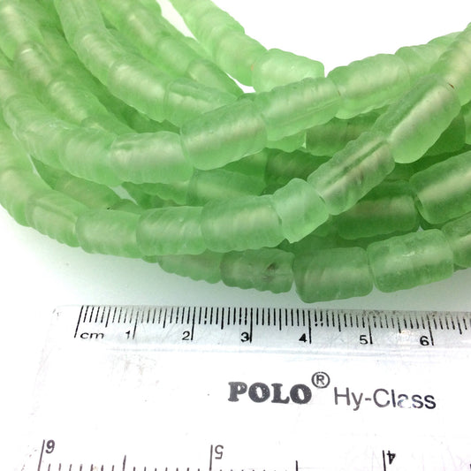18mm x 22mm Matte Celery Green Spiral Textured Barrel Shaped Indian Beach/Sea Beadlanta Glass Beads - Sold by 15" Strands - Approx 32 Beads