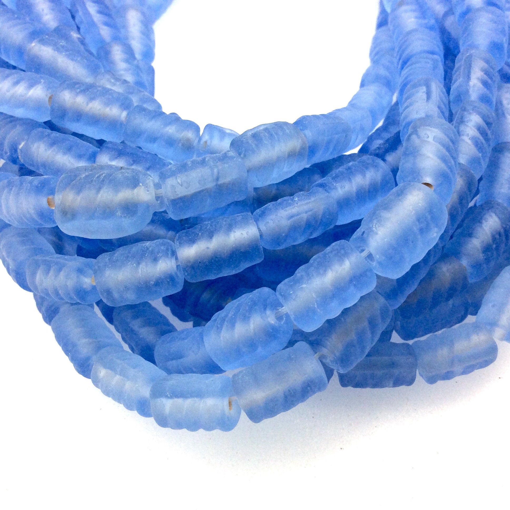 18mm x 22mm Matte Sky Blue Spiral Textured Barrel Shaped Indian Beach/Sea Beadlanta Glass Beads - Sold by 15" Strands - Approx 32 Beads
