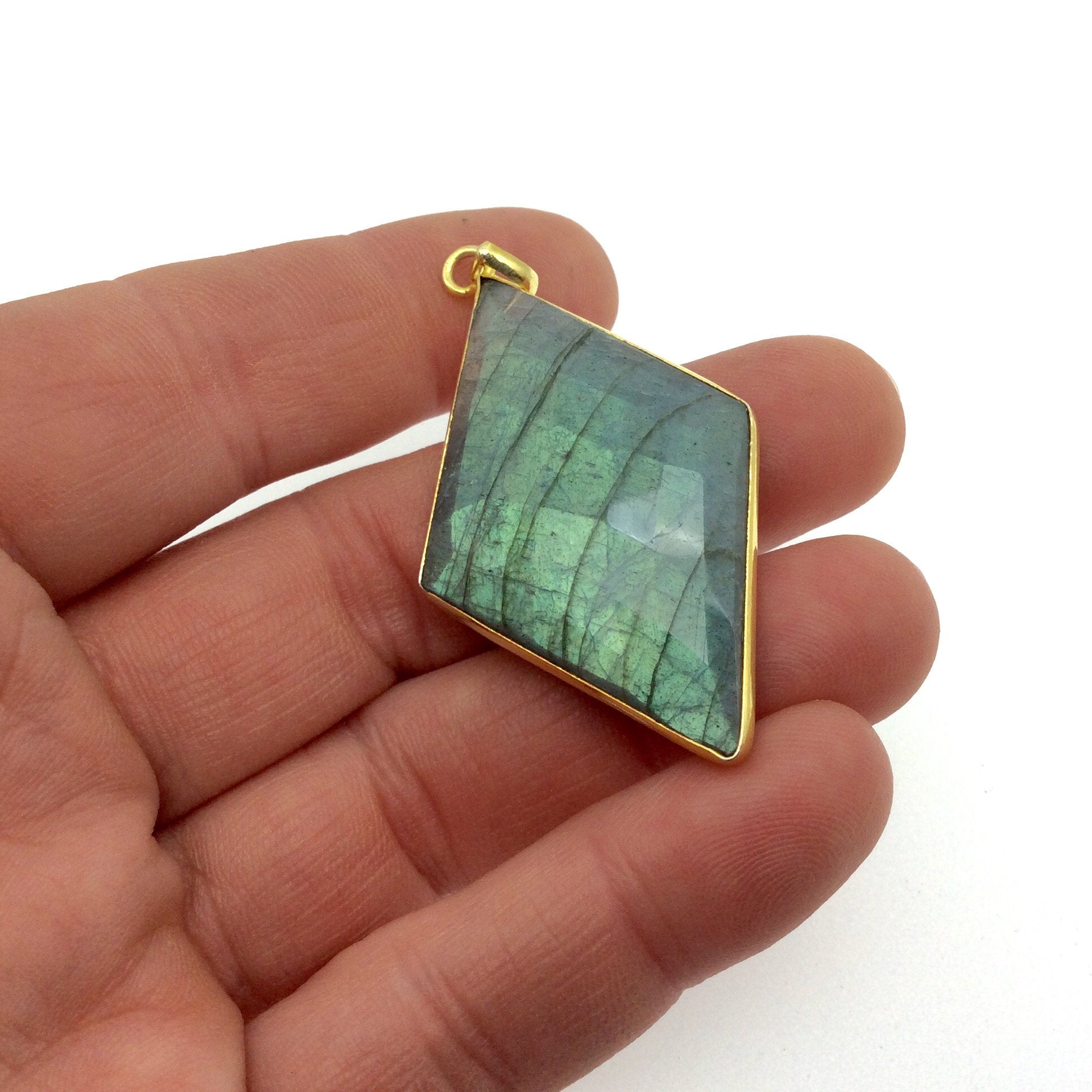 OOAK Gold Plated Faceted Flat Back Labradorite Diamond  Bezel Pendant "LD13"- Measures 28mm x 45mm Approx. - Natural Gemstone