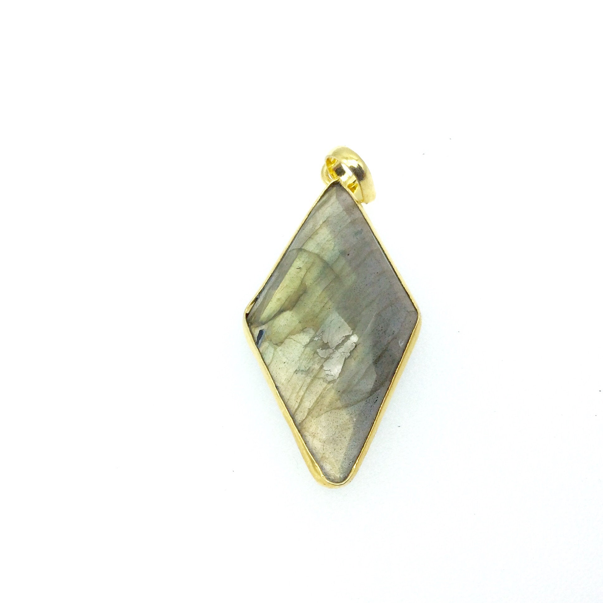 OOAK Gold Plated Faceted Flat Back Labradorite Diamond  Bezel Pendant "LD15"- Measures 18mm x 33mm Approx. - Natural Gemstone