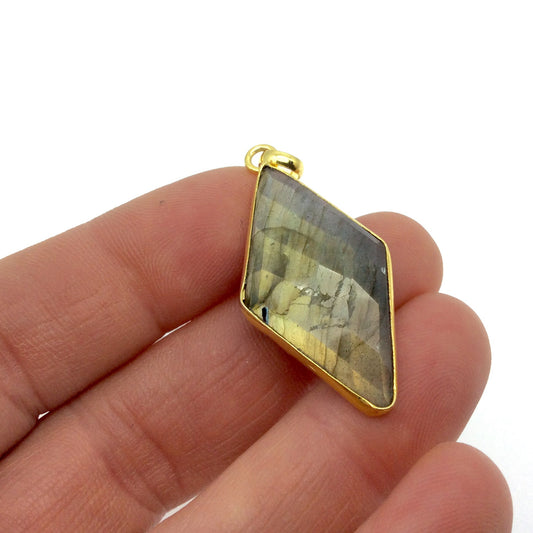 OOAK Gold Plated Faceted Flat Back Labradorite Diamond  Bezel Pendant "LD15"- Measures 18mm x 33mm Approx. - Natural Gemstone