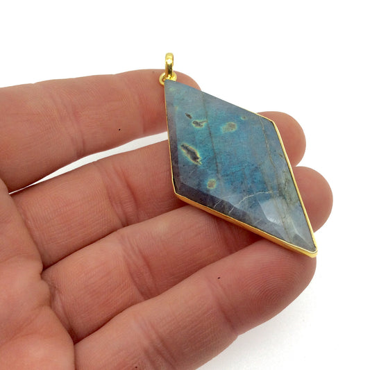 OOAK Gold Plated Faceted Flat Back Labradorite Diamond  Bezel Pendant "LD21"- Measures 25mm x 57mm Approx. - Natural Gemstone