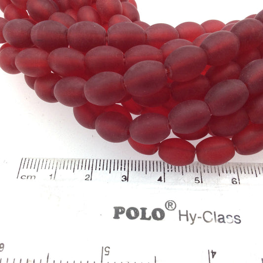 8mm x 10mm Matte Semi Transparent Red Oval Shaped Indian Beach/Sea Beadlanta Glass Beads - Sold by 15" Strand - ~38 Beads per Strand