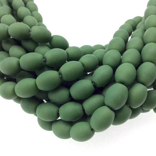8mm x 10mm Matte Deep Green Oval Shaped Indian Beach/Sea Beadlanta Glass Beads - Sold by 15" Strand - ~38 Beads per Strand