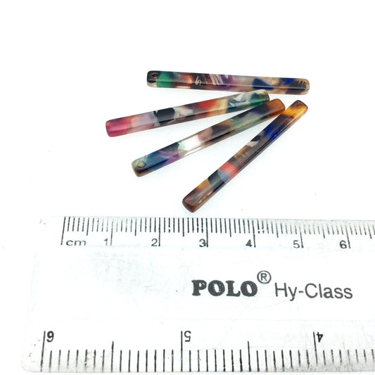 4mm x 40mm Semi-Transparent Multi/White Skinny Stick Shaped Resin Pendant with One Hole- Sold in Pack of Four