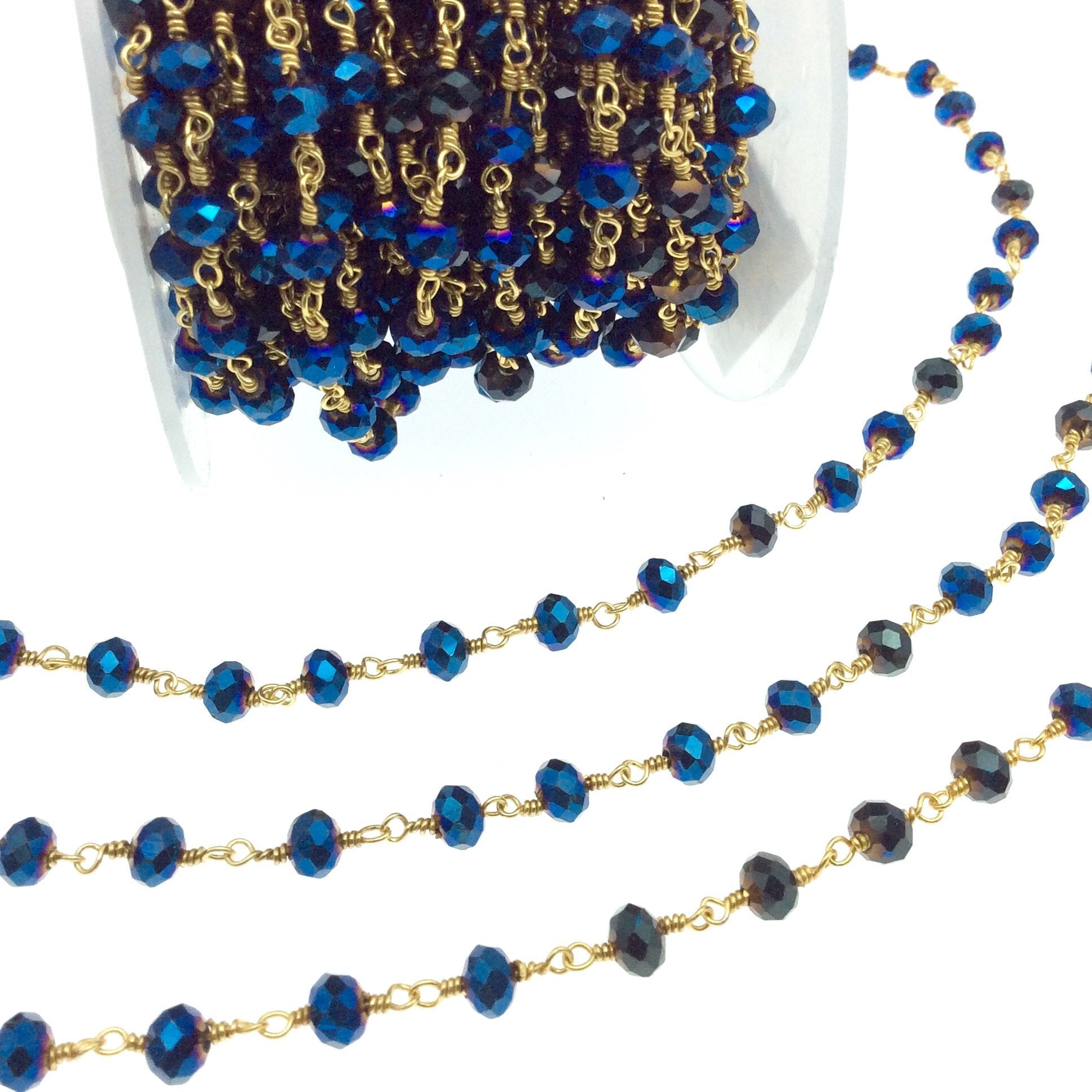 Gold Plated Copper Rosary Chain with 6mm Faceted Opaque AB Metallic Blue Glass Crystal Beads - Sold by the Foot! - Beaded Chain