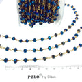 Gold Plated Copper Rosary Chain with 6mm Faceted Opaque AB Metallic Blue Glass Crystal Beads - Sold by the Foot! - Beaded Chain