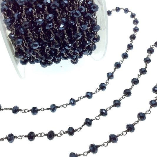 Gunmetal Plated Copper Rosary Chain with 6mm Faceted Opaque AB Metallic Jet Black Glass Crystal Beads - Sold by the Foot! - Beaded Chain