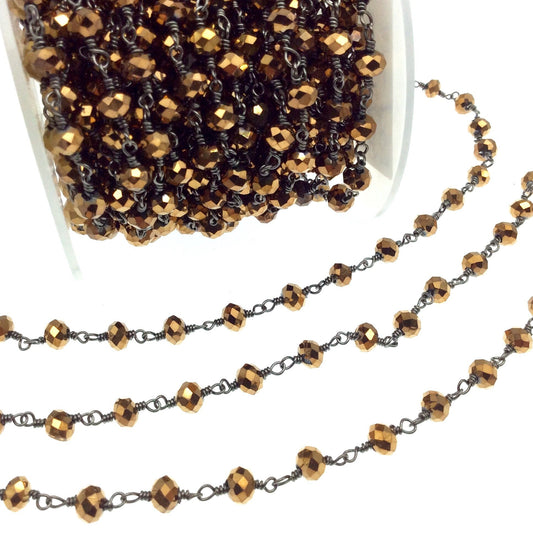 Gunmetal Plated Copper Rosary Chain with 6mm Faceted Opaque AB Metallic Bronze Glass Crystal Beads - Sold by the Foot! - Beaded Chain