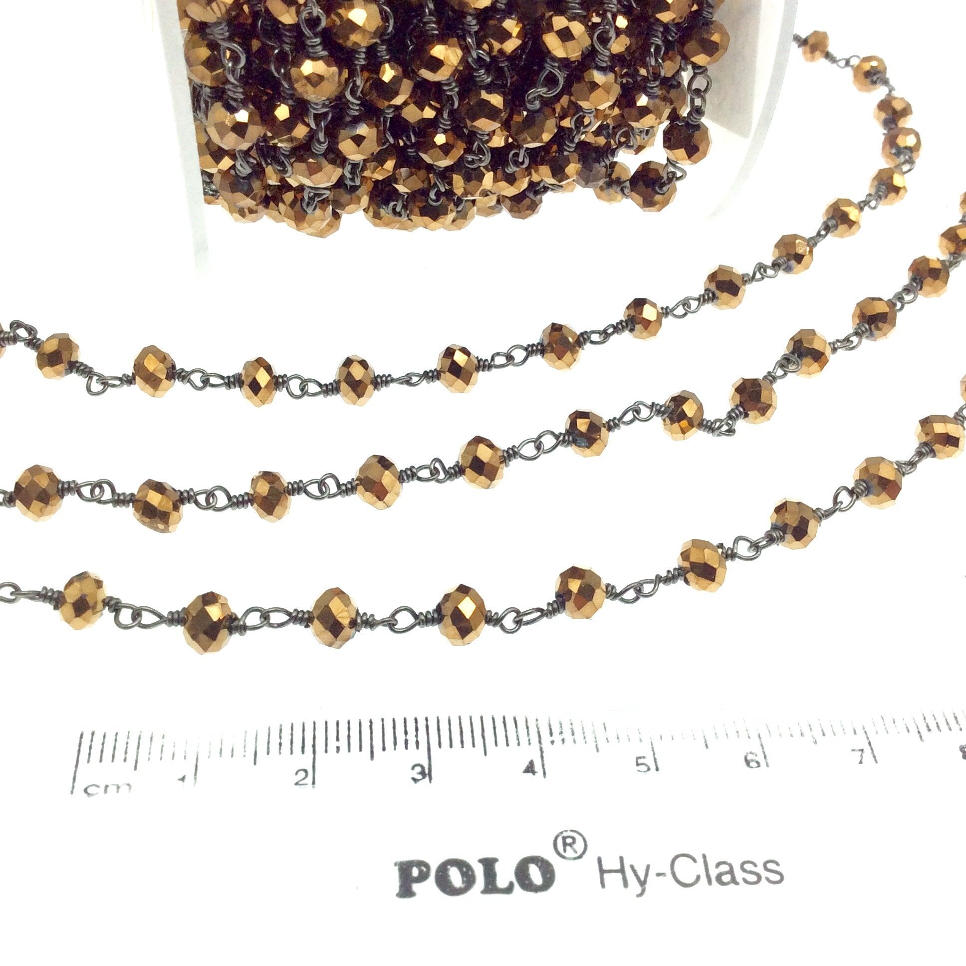 Gunmetal Plated Copper Rosary Chain with 6mm Faceted Opaque AB Metallic Bronze Glass Crystal Beads - Sold by the Foot! - Beaded Chain