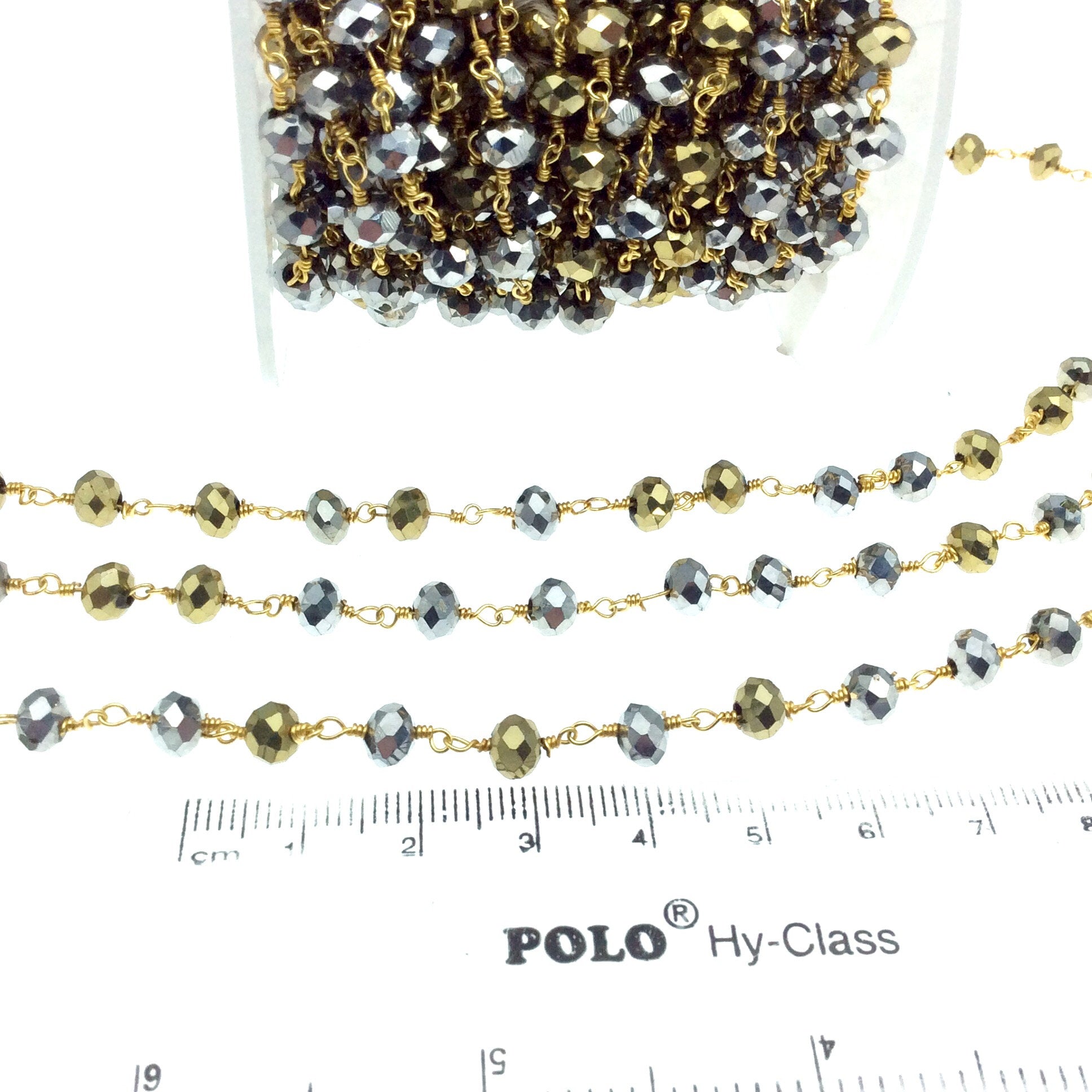 Gold Plated Copper Rosary Chain with 6mm Faceted Opaque AB Metallic Silver/Gold Glass Crystal Beads - Sold by the Foot! - Beaded Chain
