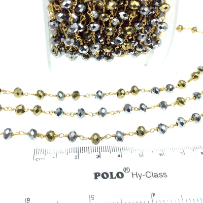 Gold Plated Copper Rosary Chain with 6mm Faceted Opaque AB Metallic Silver/Gold Glass Crystal Beads - Sold by the Foot! - Beaded Chain