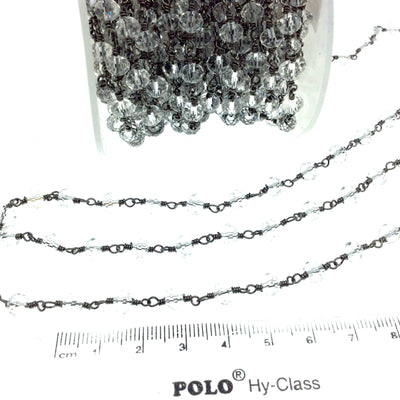 Gunmetal Plated Copper Rosary Chain with 6mm Faceted Transparent Clear Glass Crystal Beads - Sold by the Foot! - Beaded Chain