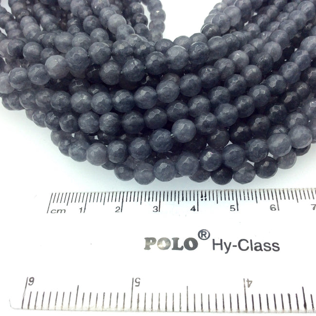 6mm Faceted Assorted Dark Gray Natural Jade Round/Ball Shaped Beads with 1mm Beading Holes - Sold by 15.5" Strands (Approximately 61 Beads)