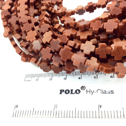 10mm Smooth Manmade Goldstone (Glass) Cross/Plus Shaped Beads with 1mm Holes - Sold by 14.5" Strands (Approx. 36 Beads) - Synthetic Gemstone