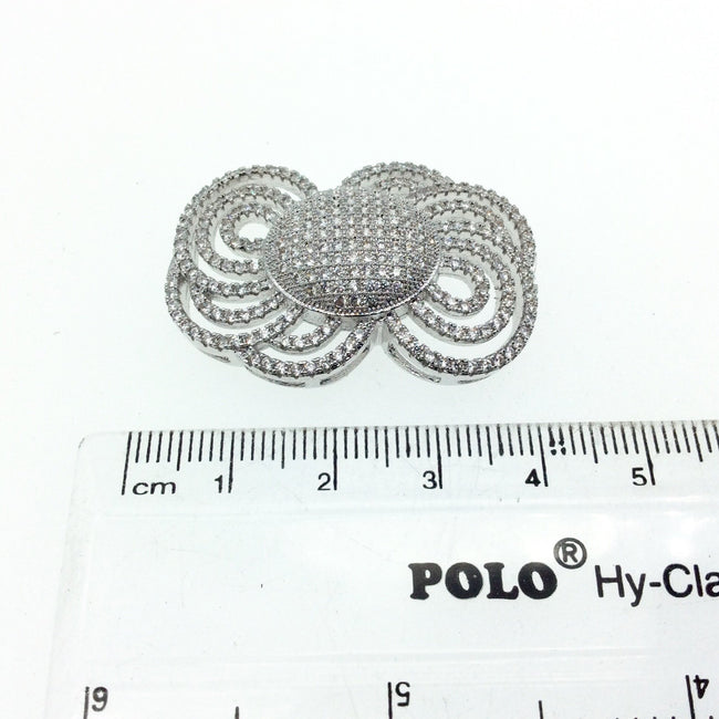 Silver Plated CZ Cubic Zirconia Inlaid Ornate Bow Shaped Copper Slider - Measures 25mm x 35mm, Approx.  - Sold Individually, RANDOM