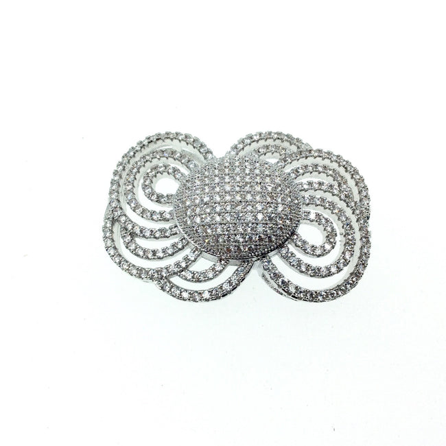 Silver Plated CZ Cubic Zirconia Inlaid Ornate Bow Shaped Copper Slider - Measures 25mm x 35mm, Approx.  - Sold Individually, RANDOM