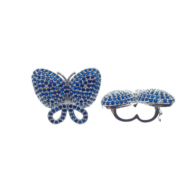 Silver Plated CZ Cubic Zirconia Inlaid Blue Butterfly Bolo Slide Copper - Measures 23mm x 28mm, Approx. - Sold Individually, RANDOM