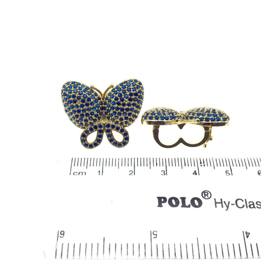 Gold Plated CZ Cubic Zirconia Inlaid Blue Butterfly Bolo Slide Copper - Measures 23mm x 28mm, Approx. - Sold Individually, RANDOM