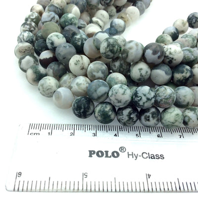 10mm Matte Round/Ball Shaped White/Green Tree Agate Beads - 15.5" Strand (Approx. 39 Beads per Strand) - Natural Semi-Precious Gemstone
