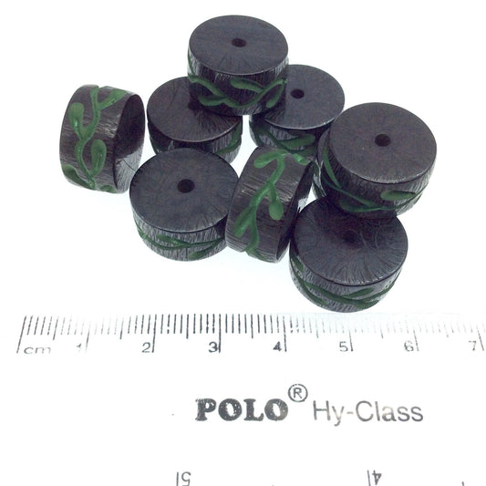 Hand-Carved Green Colored Vine - Heishi Shaped Resin Bead - 10mm x 18mm approx - Sold by Packs Of Ten (10)